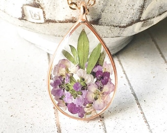 Real Dried Purple Flower Necklace, Pressed Flower Resin Necklace, Rose Gold Flower Necklace Girlfriend Gift, Nature Jewelry Gift For Her