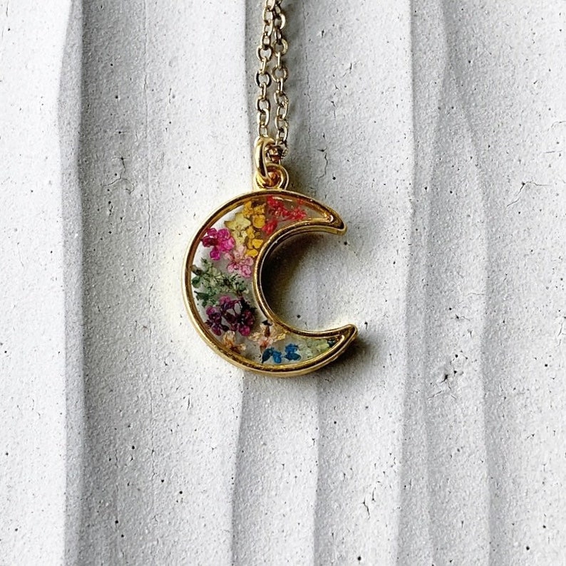 Rainbow Pressed Flower Moon Necklace, Nature Jewelry Girlfriend Gift, Dried Flowers Resin Jewelry,Flower Necklace Mom Gift,Gay Pride Jewelry image 10