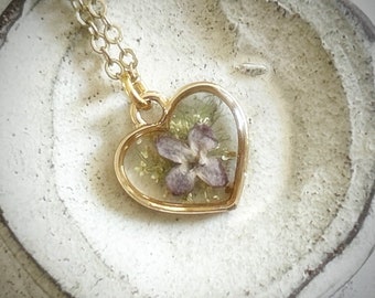 Lilac Necklace, Fern Charm, Pressed Flower Resin Necklace, Gold Heart Charm, Dried Flowers Resin Jewelry, Nature Jewelry Gift For Her