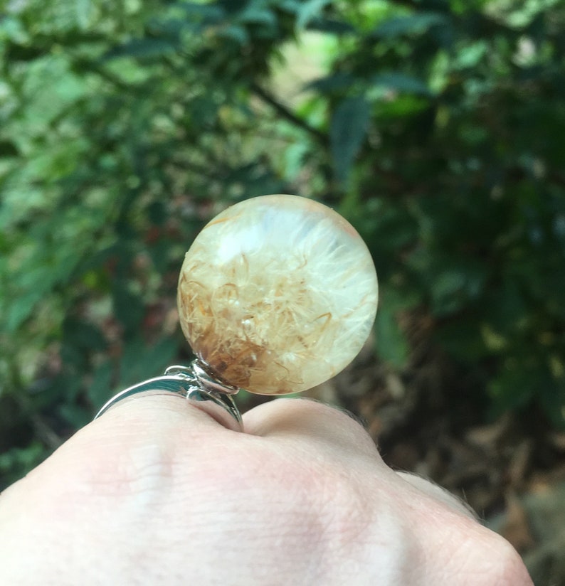 Sterling Silver Dandelion Terrarium Ring Real Flower Jewelry Flower Resin Ring Real Nature Jewelry Seed Wish Plant Ring