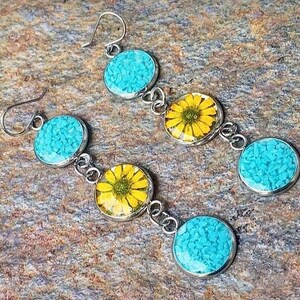 Long Turquoise Sunflower Earrings, Sterling Silver Circle Earrings, Yellow Pressed Flower Dangle Earrings, Real Dried Flowers Resin Jewelry image 8