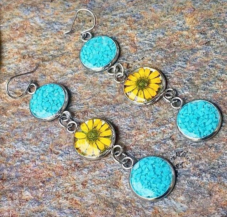 Long Turquoise Sunflower Earrings, Sterling Silver Circle Earrings, Yellow Pressed Flower Dangle Earrings, Real Dried Flowers Resin Jewelry image 8