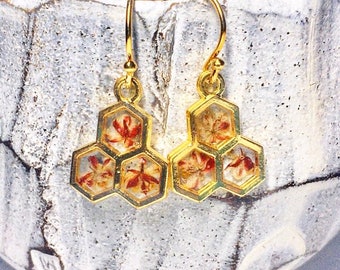 Honeycomb Earrings, Flower Earrings, Wildflower Earrings, 14k Gold Earrings, Dried Nature Jewelry Girlfriend Gift, Christmas Gift for Mom