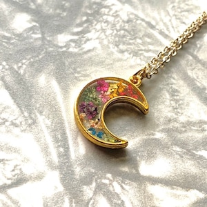Rainbow Pressed Flower Moon Necklace, Nature Jewelry Girlfriend Gift, Dried Flowers Resin Jewelry,Flower Necklace Mom Gift,Gay Pride Jewelry image 5