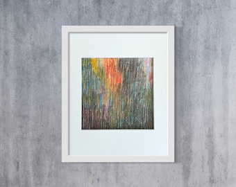 Dessin abstrait pastel original de 20 x 10 po., petite peinture sur papier, passe-partout à encastrer inclus, art mural moderne et contemporain, unique en son genre