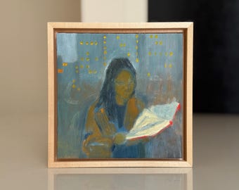 Reading at Dusk, original oil painting, contemporary abstract figurative art 6x6