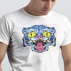 Kpop Demon Hunters Derpy Blue Tiger Tee – Whimsical Korean Art Edition