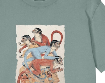 Vintage Monkey Art T-Shirt, Ancient Egyptian Monkey Graphic Tee, Unisex Garment Dyed Shirt, Retro Primate Illustratio