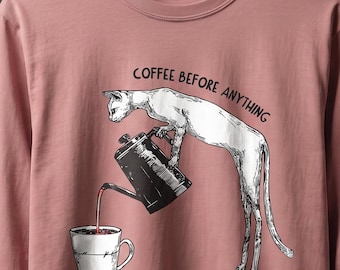 Coffee Before Anything Long Sleeve Shirt, Funny Sphynx Cat Shirt, Coffee Lover Long Sleeve, Cat Graphic Tee, Caffeine Lover Gift