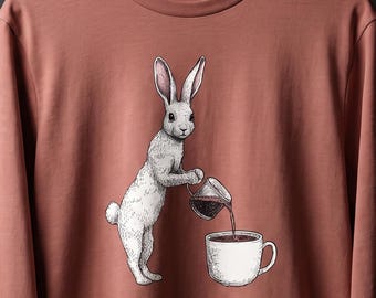 Coffee Bunny Long Sleeve Shirt, Cute Rabbit Coffee Tee, Cottagecore Long Sleeve, Cozy Coffee Lover Gift, Woodland Graphic Shirt