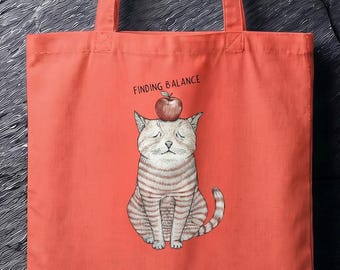 Funny Cat Tote Bag, Finding Balance Cotton Tote, Zen Cat Canvas Bag, Mindfulness Tote Bag, Cute Cat Lover Gift, Reusable Tote
