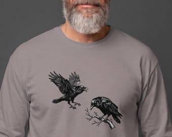 Raven Long Sleeve Shirt, Gothic Bird Tee, Dark Academia Clothing, Vintage Engraving, Occult Corvid Art, Unisex Top