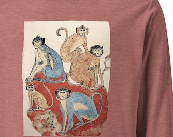 Vintage Monkey Long Sleeve Shirt, Ancient Egyptian Monkey Art, Unisex Retro Graphic Tee, Egyptology Long Sleeve, Archaeology Gift