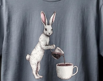 Coffee Bunny Shirt, Cute Rabbit Coffee Tee, Cottagecore Graphic T-Shirt, Cozy Coffee Lover Gift, Woodland Animal Shirt, Comfort Colors 1717