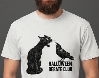 Black Cat and Crow Halloween Shirt, Halloween Debate Club Tee, Funny Spooky Season Shirt, Gothic Cat Shirt, Halloween Gift for Cat Lovers