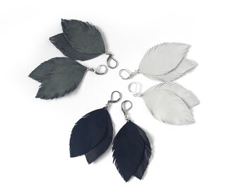 Suede leather feather earrings in black, light grey or pigeon grey. Beautiful set in monochrome!