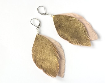 Golden leather feather earrings