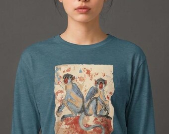 Vintage Monkey Long Sleeve Shirt, Unisex Retro Primate Art Long Sleeve, Archaeology Gift, Boho Vintage Top