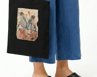 Vintage Monkey Tote Bag, Ancient Cave Painting Tote, Primate Art Canvas Bag, Retro Animal Market Bag, Archaeology Gift, Boho Book Tote