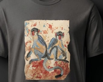 Vintage Monkey Art T-Shirt, Ancient Cave Painting Graphic Tee, Unisex Garment Dyed Shirt, Retro Primate Illustration