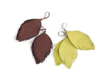 Leather feather earrings in copper brown and in lemon green. Set of two pairs