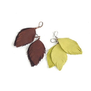 Leather feather earrings in copper brown and in lemon green. Set of two pairs image 1