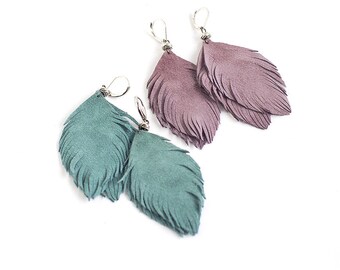 Set of two pairs feather earrings from smoky blue and smoky violet suede leather.