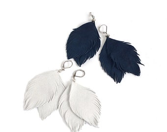 Feather earrings from suede leather in light grey and navy blue. Two pairs