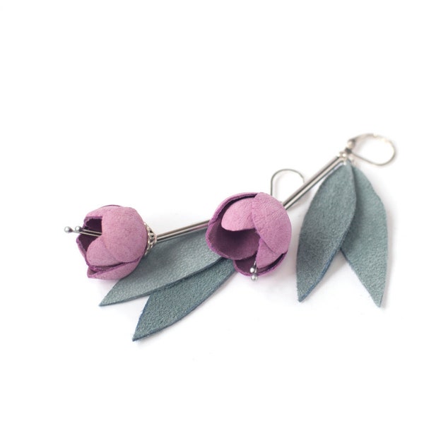 Leather earrings with Pink rose flowers and grey green leaves. Leather floral jewelry