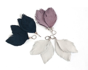 Suede leather feather earrings in navy blue, light grey or smoky violet.