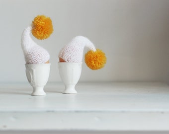 SALE 10% OFF Knitted egg warmers with yellow pom. Set of 2