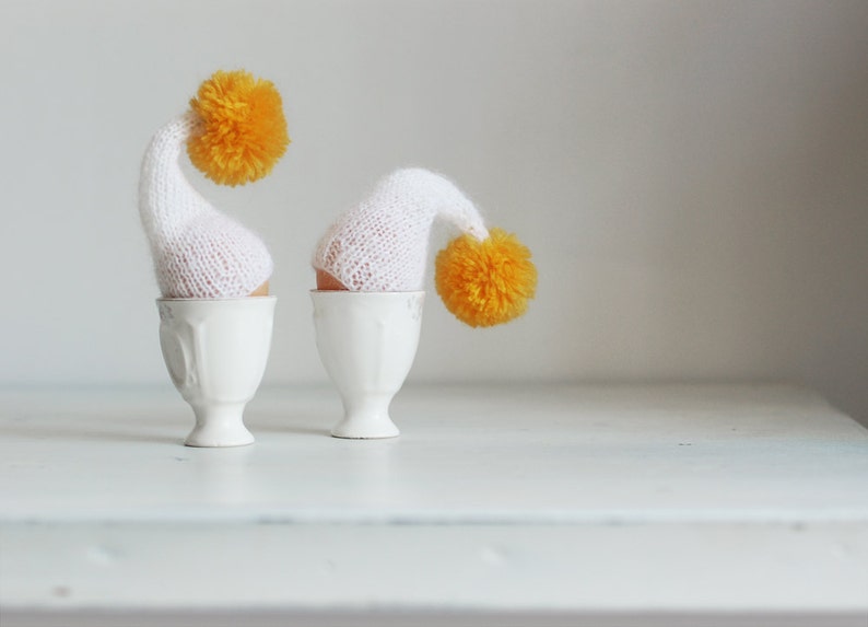 SALE 10% OFF Knitted egg warmers with yellow pom. Set of 2 image 1