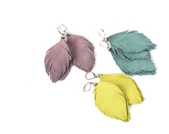 Leather or suede feather earrings in smoky blue, lemon or smoky violet