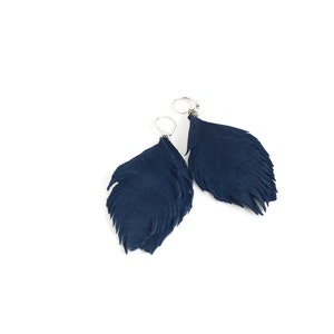Set of two pairs feather earrings from suede leather in smoky blue and navy blue. image 4