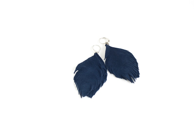 Set of two pairs feather earrings from suede leather in smoky blue and navy blue. image 4