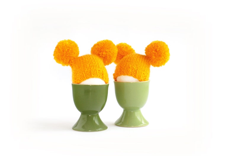 Sunny yellow egg warmers with funny pompoms Easter decoration or small gift. image 3