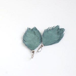 Set of two pairs feather earrings from suede leather in smoky blue and navy blue. image 3
