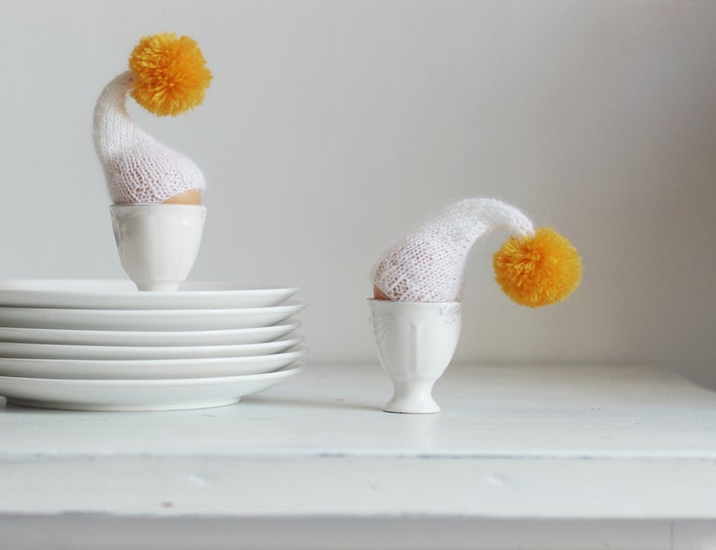 SALE 10% OFF Knitted egg warmers with yellow pom. Set of 2 image 2