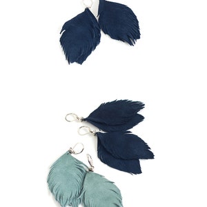 Set of two pairs feather earrings from suede leather in smoky blue and navy blue. image 1