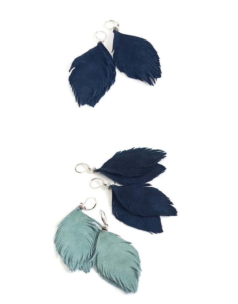 Set of two pairs feather earrings from suede leather in smoky blue and navy blue. image 1