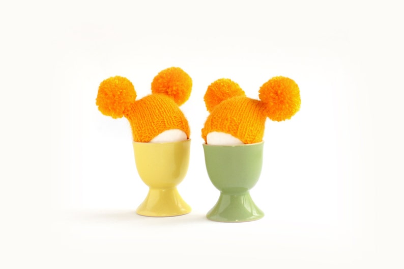 Sunny yellow egg warmers with funny pompoms Easter decoration or small gift. image 4