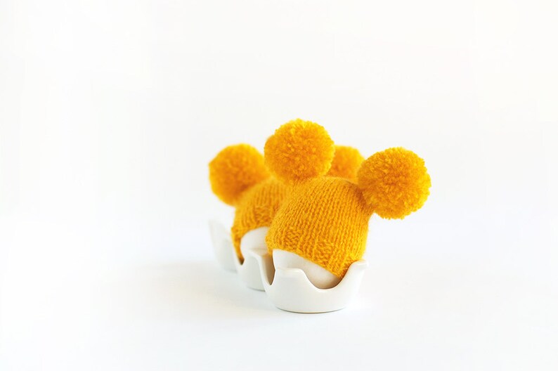 Sunny yellow egg warmers with funny pompoms Easter decoration or small gift. image 5