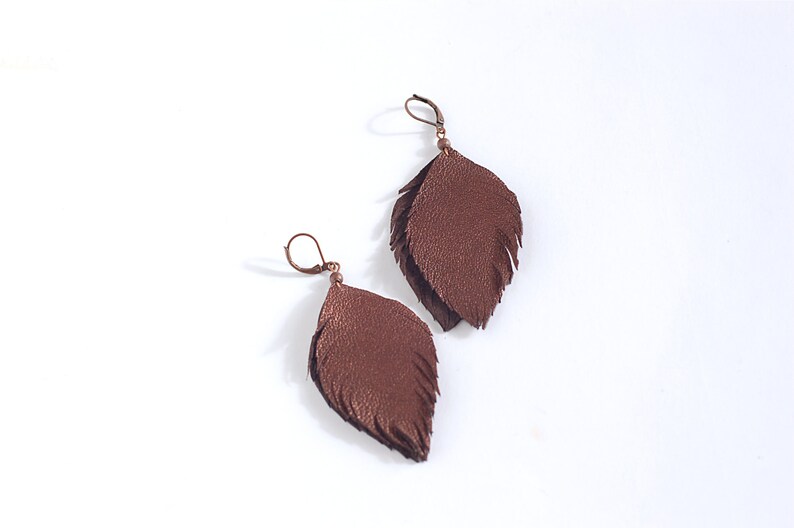 Leather feather earrings in copper brown and in lemon green. Set of two pairs image 2