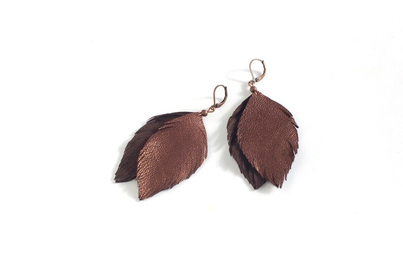 Leather feather earrings in copper brown and in lemon green. Set of two pairs image 3