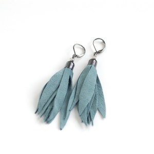 Suede leather tassel earrings in smoky blue image 4