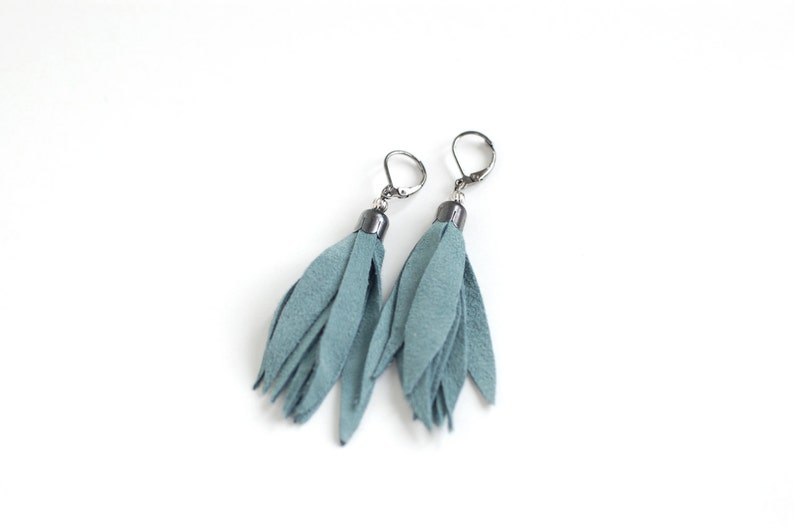 Suede leather tassel earrings in smoky blue image 4
