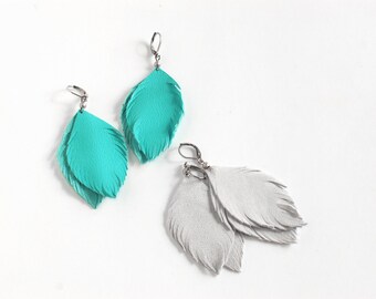 Leather Turquoise blue earrings and suede leather earrings in light grey. Set of two