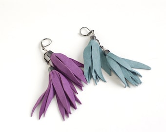 Set of two pairs Suede leather tassel earrings in smoky blue and bright violet