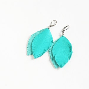 Blue feather leather earrings image 3