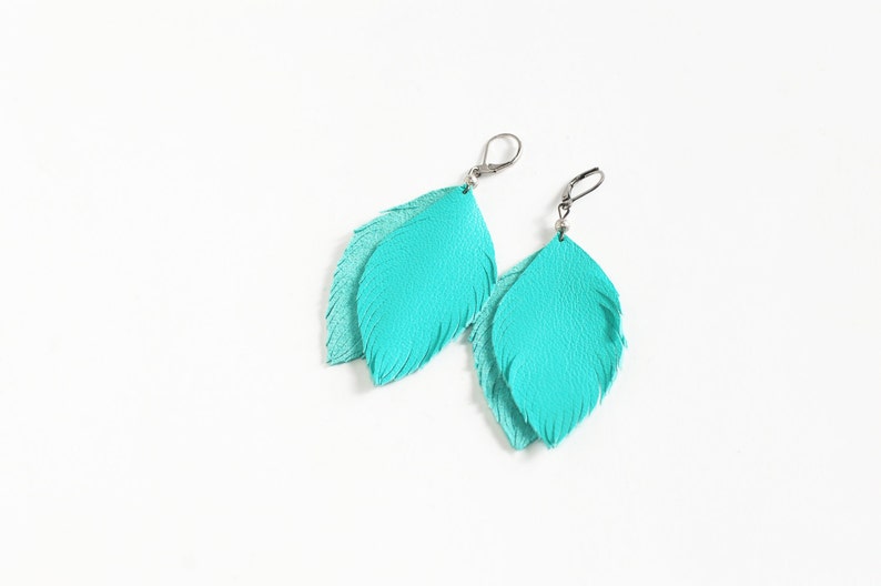 Blue feather leather earrings image 3